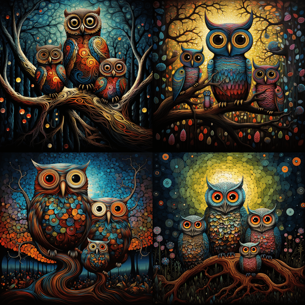 异想天开的猫头鹰家族新印象派绘画风格的保 - Midjourney Prompt