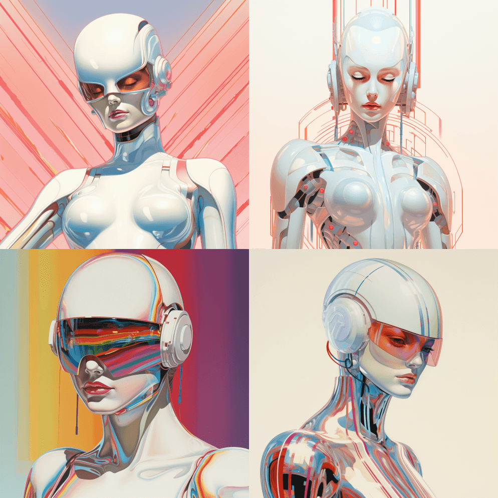 一个闪闪发光的未来主义机器人穿着象牙色的 - Midjourney Prompt