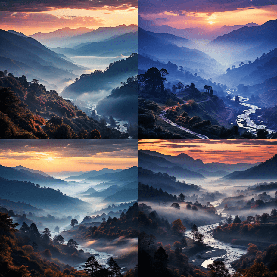 浓重多彩的彩虹色雾在山脉上翻滚，营造出一 - Midjourney Prompt