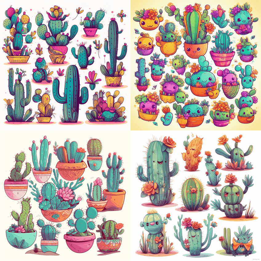 彩色迷你仙人掌剪贴画套装白色背景：：5卡 - Midjourney Prompt