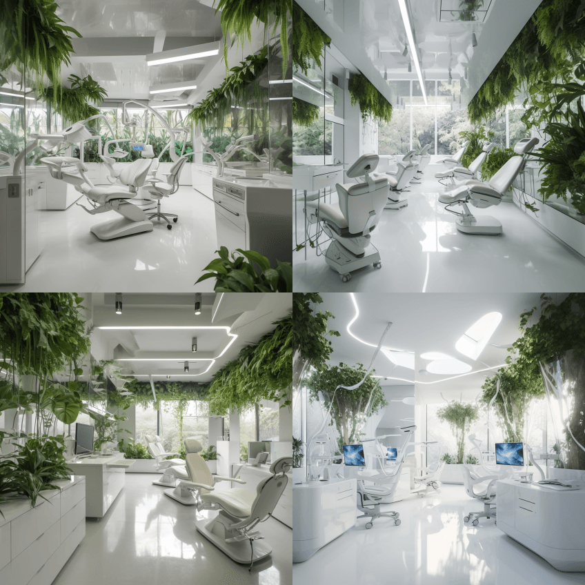 未来的牙科办公室，配备先进技术的光滑白色 - Midjourney Prompt