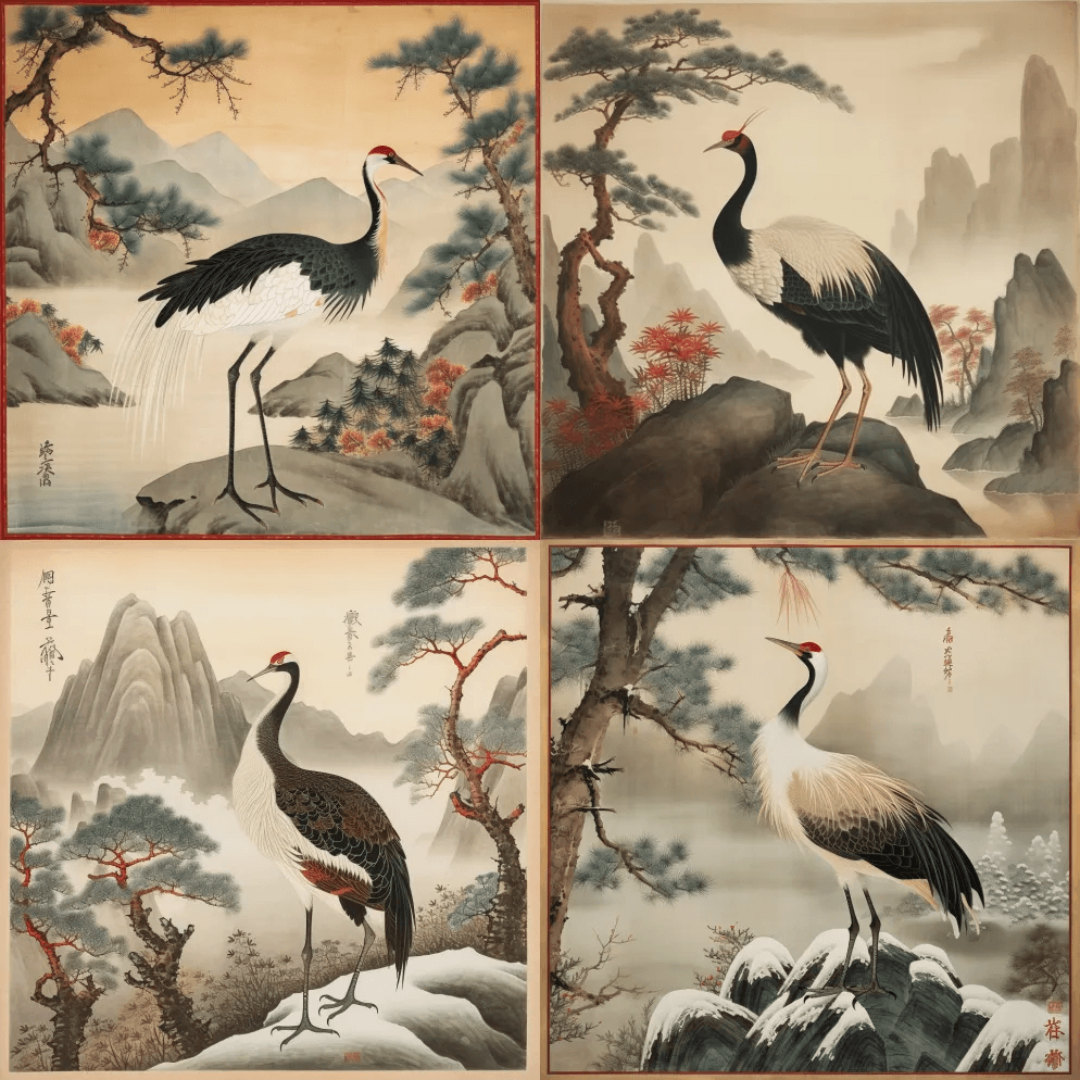 一幅丹顶鹤的中国画，上面有松树和山水 - Midjourney Prompt