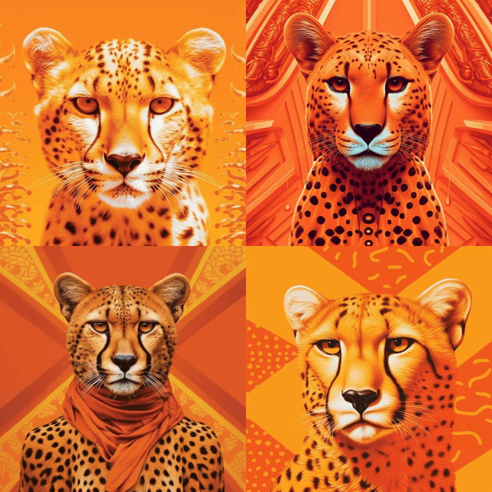 特写，神秘的全橙色猎豹，海报般的，斑点背 - Midjourney Prompt