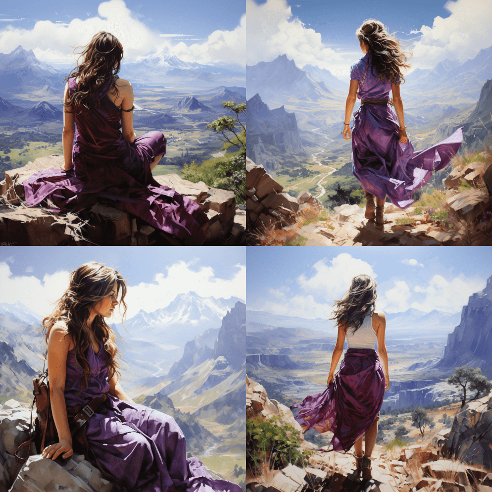 高角图，一幅徒步旅行者欣赏令人叹为观止的 - Midjourney Prompt