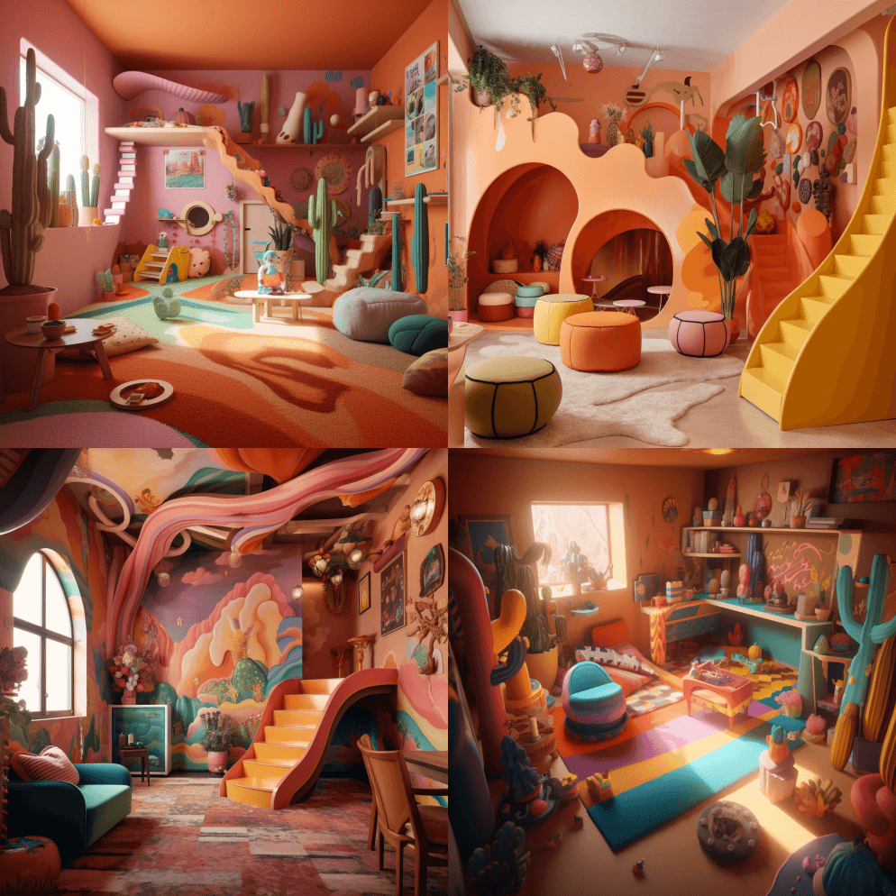 一间小房间,有许多五颜六色的家具和滑梯, - Midjourney Prompt