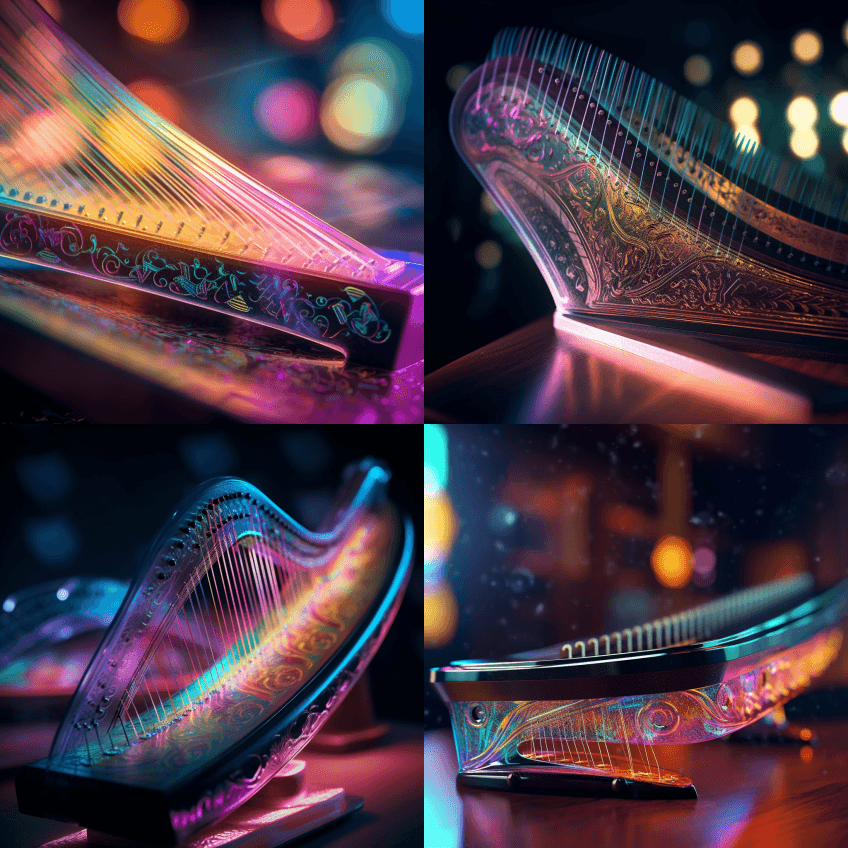 微距摄影一把前卫的未来主义坎特勒竖琴 - Midjourney Prompt