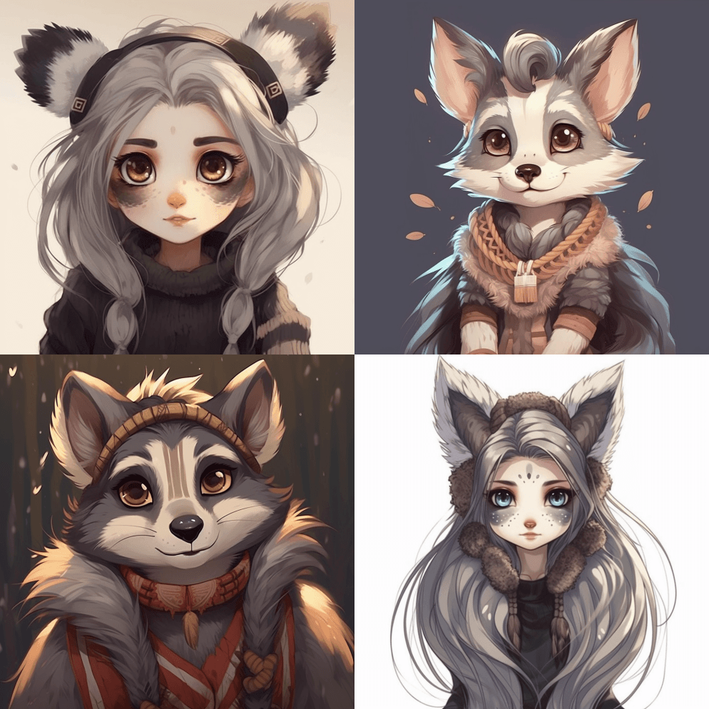 毛茸茸的拟人化的美丽女孩，有着浣熊的特征 - Midjourney Prompt