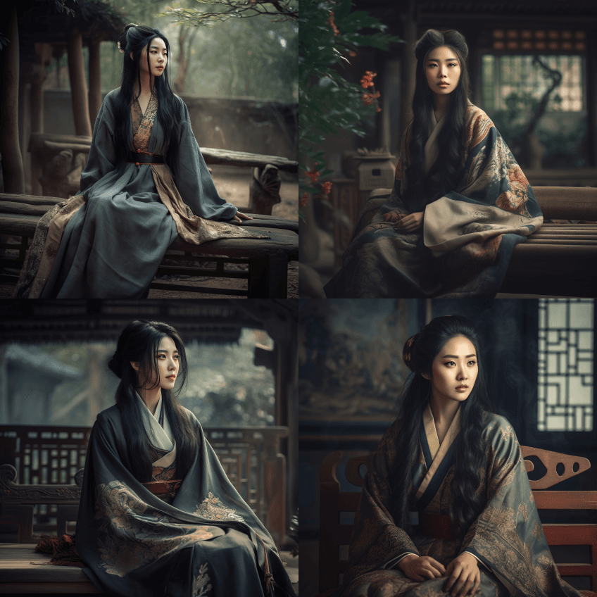 一位美丽的中国女子坐在长凳上，瞪着一双大 - Midjourney Prompt