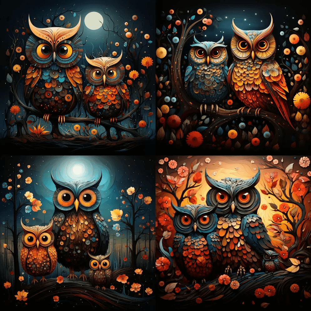 异想天开的猫头鹰家族新印象派绘画风格的保 - Midjourney Prompt