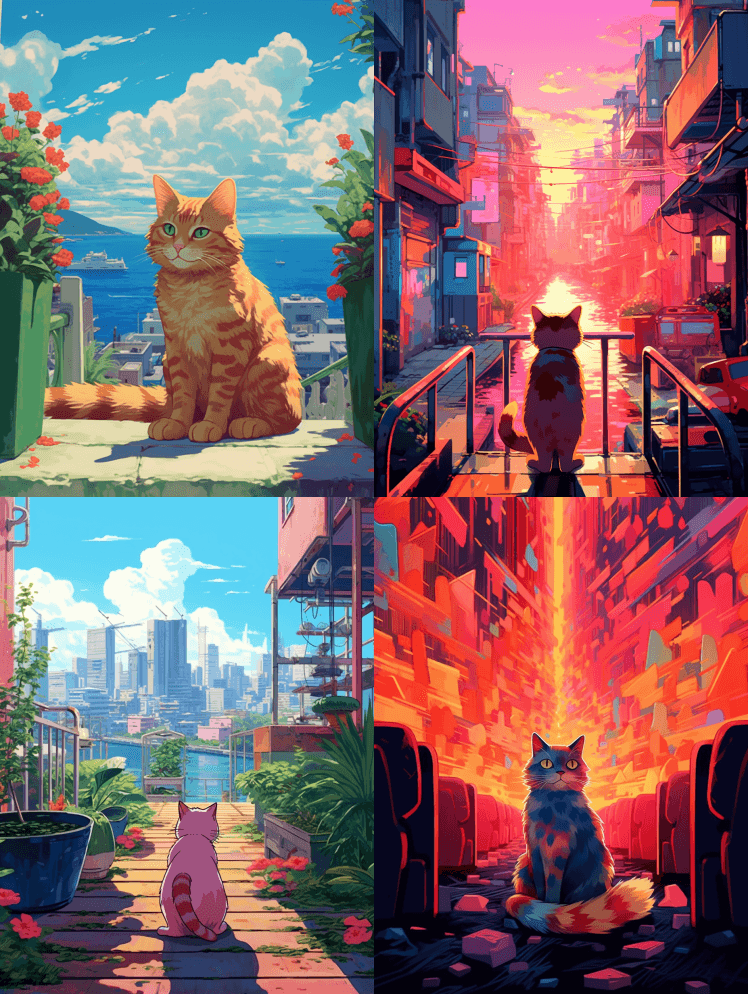 猫，迈阿密氛围，鲜艳的颜色，Ghibli - Midjourney Prompt