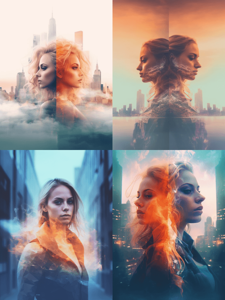 双曝光摄影，两个不同的美女，一个是火，一 - Midjourney Prompt