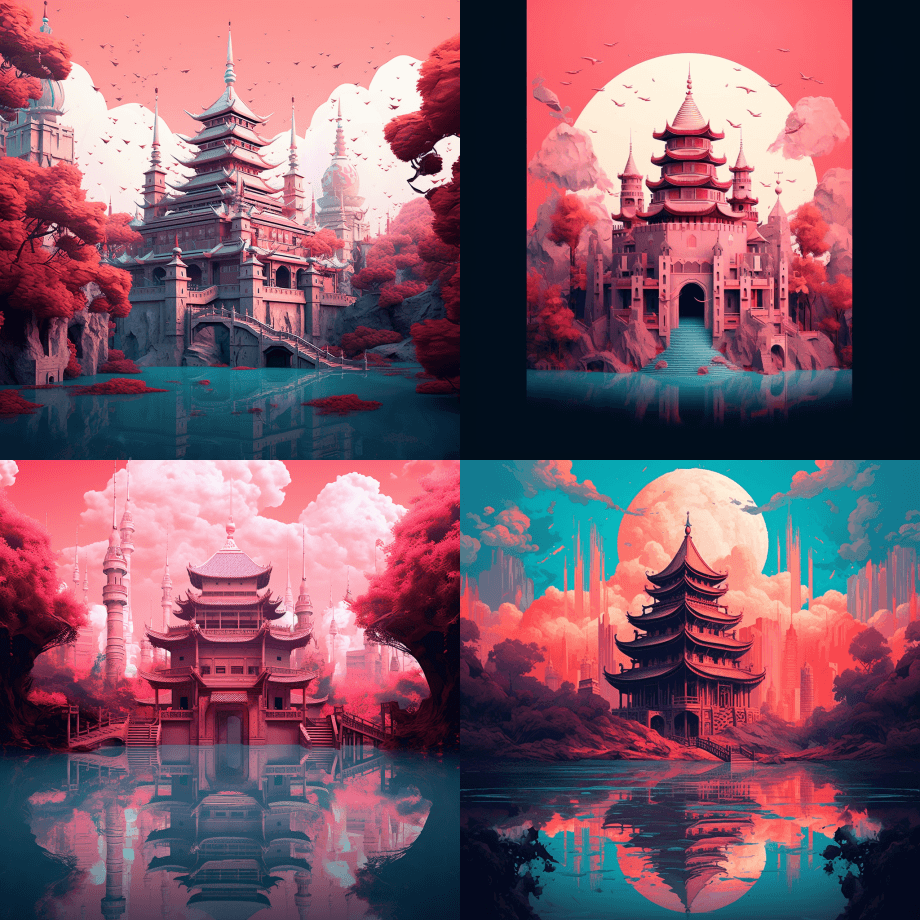 奥斯曼清真寺，带有尖塔的奥斯曼式建筑，粉 - Midjourney Prompt