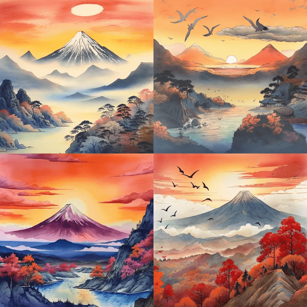 令人惊叹的山景，日落，彩色水墨画，浮世绘 - Midjourney Prompt