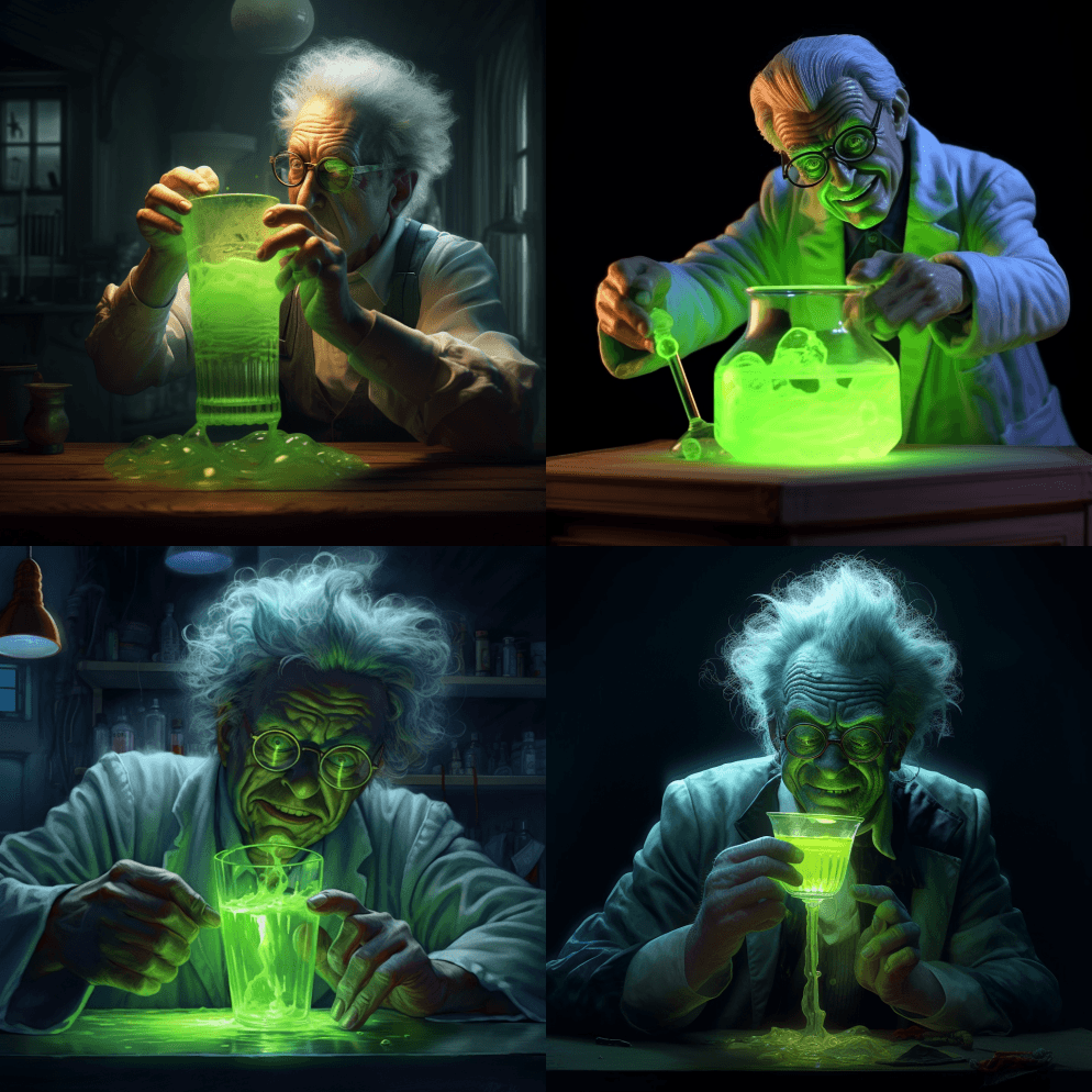 一位疯狂的科学家喝着一种绿色发光液体，风 - Midjourney Prompt