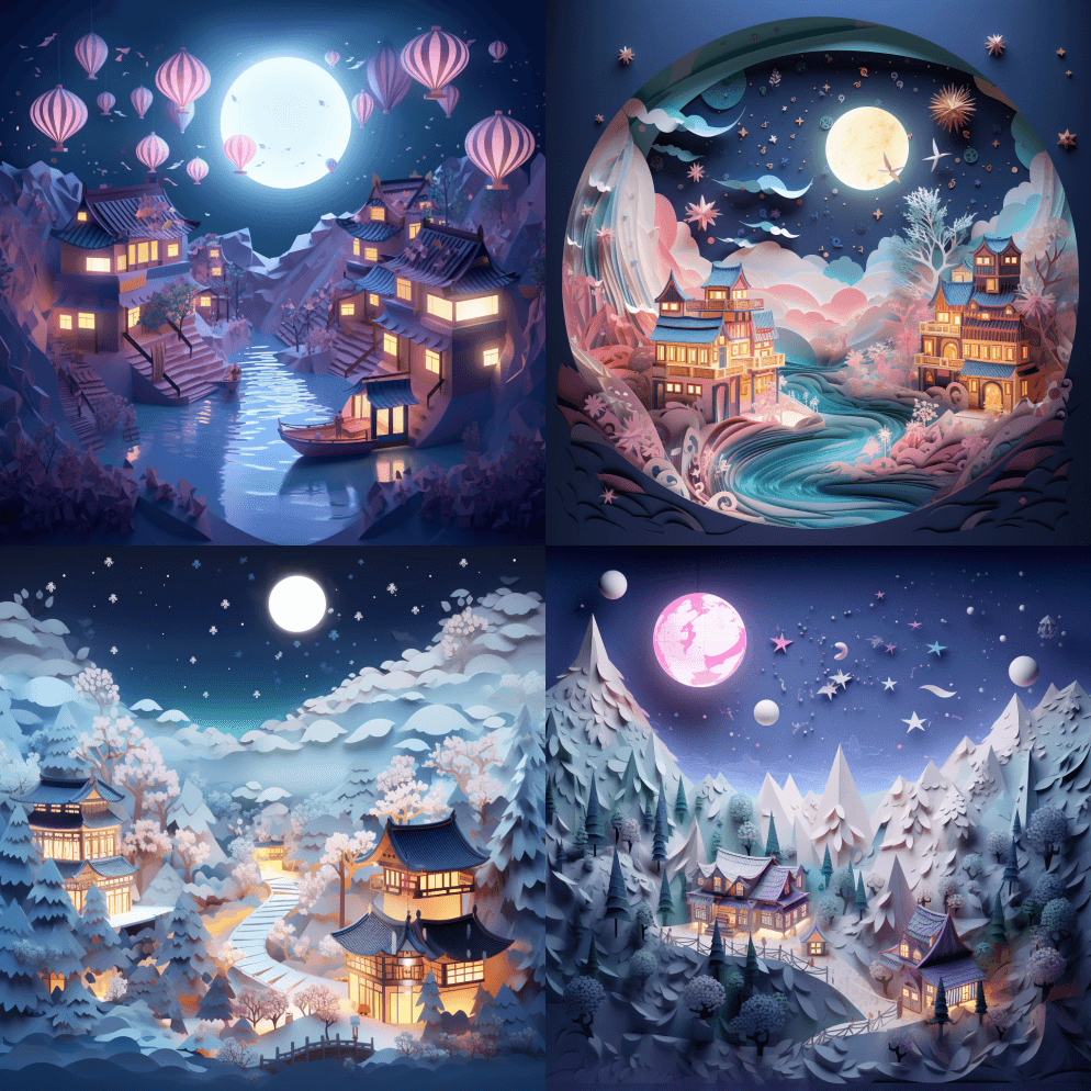 日出时的河流，松树和落日，在平面设计灵感 - Midjourney Prompt