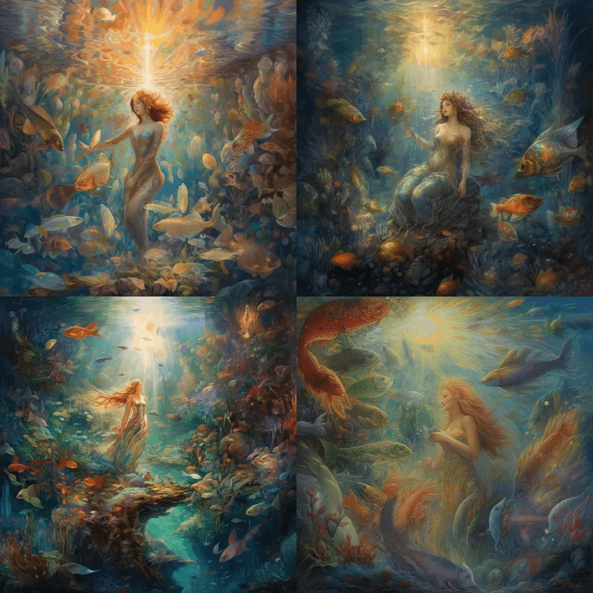 一位女天使在水下，到处都是鱼，在天使周围 - Midjourney Prompt