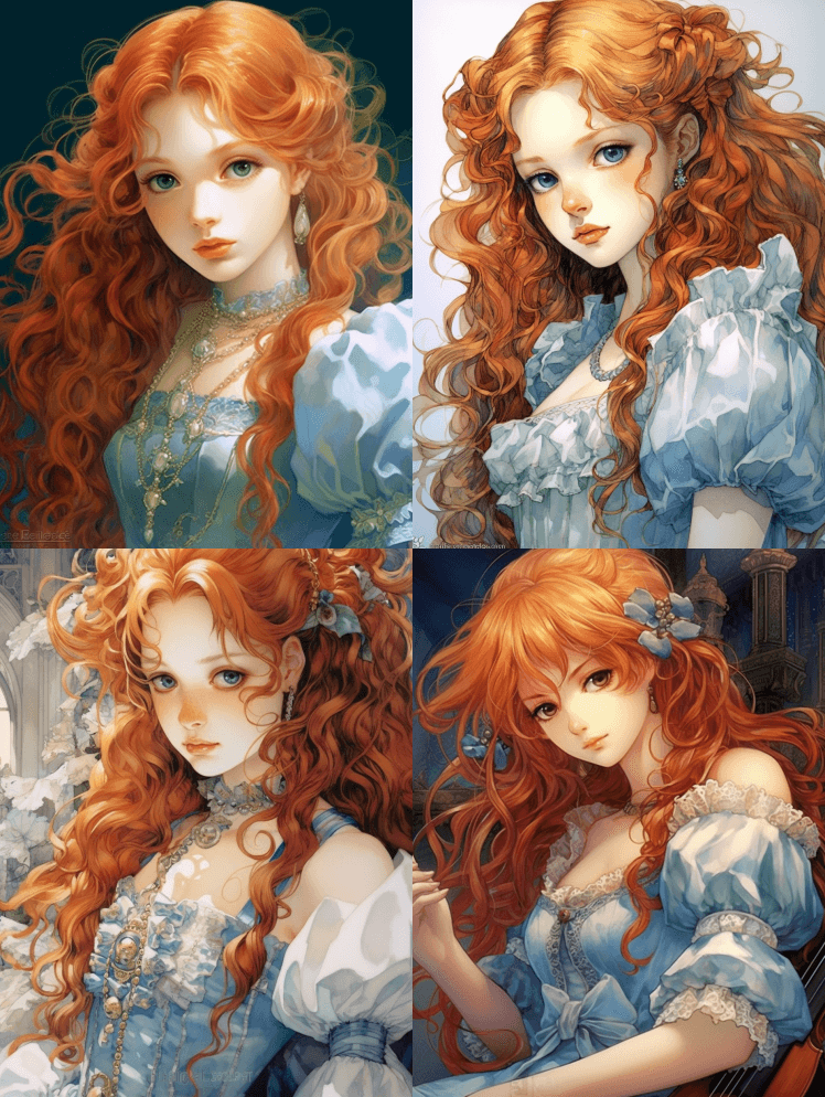 肖像，红色长发，蓝色眼睛，白色皮肤，可爱 - Midjourney Prompt