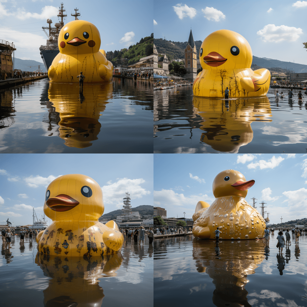 充气黄鸭漂浮在水中，面对面接近美国陆军海 - Midjourney Prompt