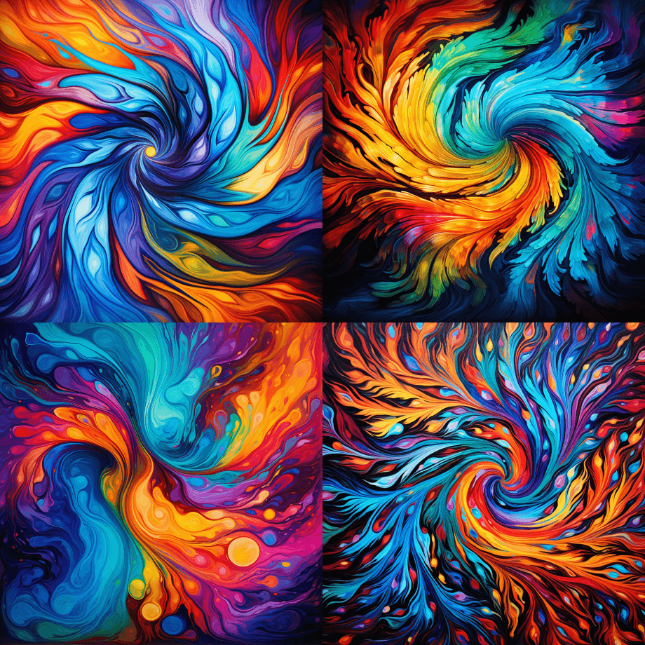 旋转的笔触和充满活力的对比色，如电蓝色、 - Midjourney Prompt