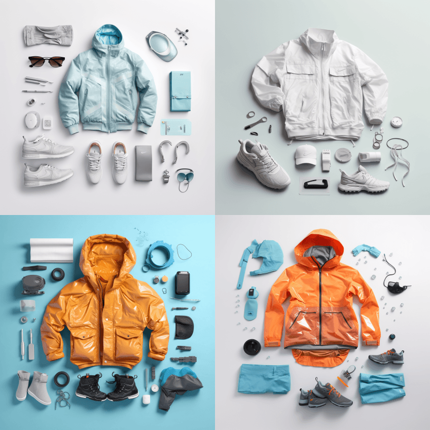 未来派耐克服装的卷曲，包括夹克、裤子 - Midjourney Prompt