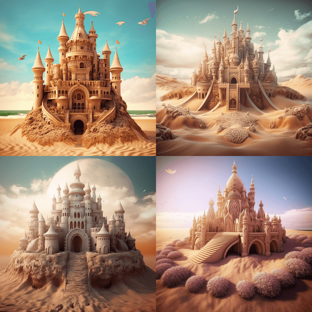梦见一座宏伟的沙堡，足够大，可以居住，在 - Midjourney Prompt