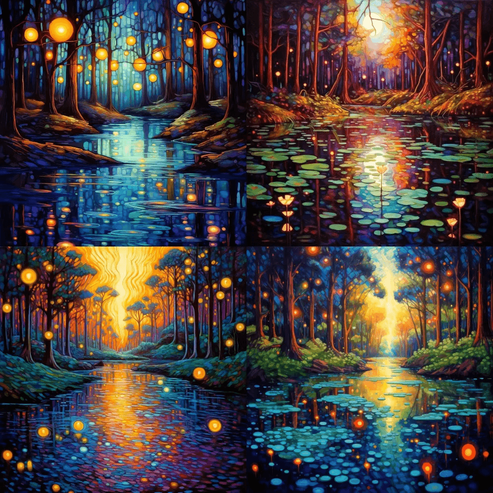 神秘森林中的池塘，充满了灯笼和萤火虫，幻 - Midjourney Prompt