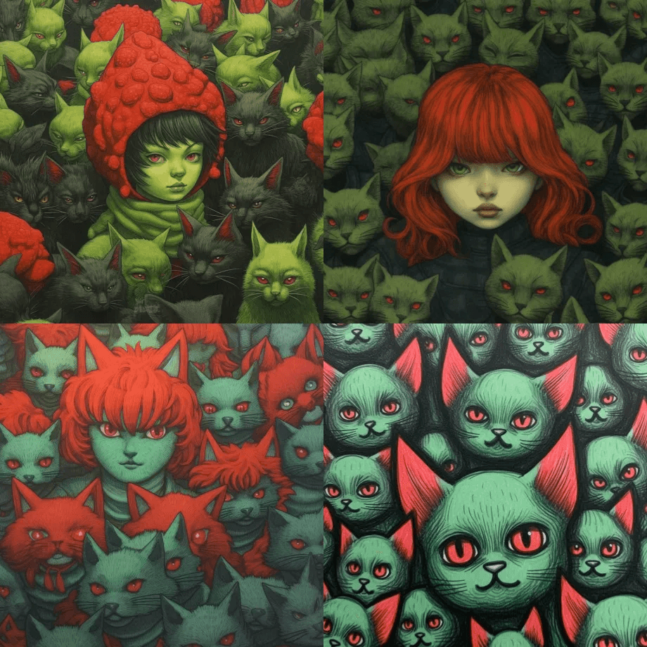 一幅绿色和红色的猫女画在一群黑色的暴徒中 - Midjourney Prompt