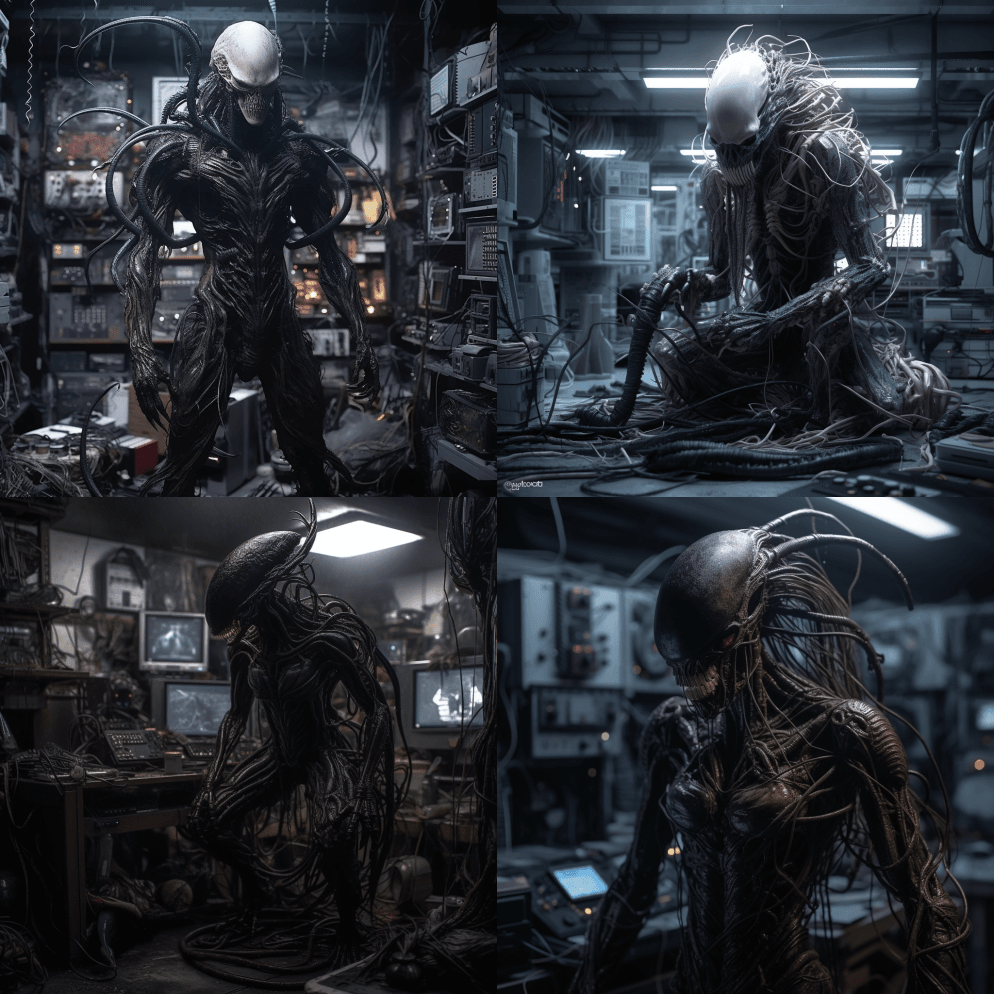 一个白色的外星人异形，装扮成一个被困在一 - Midjourney Prompt