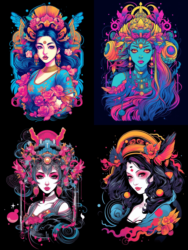 泰国动漫女性T恤设计，霓虹灯，矢量，白色 - Midjourney Prompt