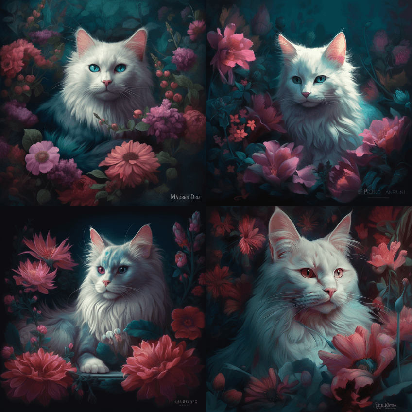 土耳其安哥拉猫在花上休息的肖像，可爱和可 - Midjourney Prompt