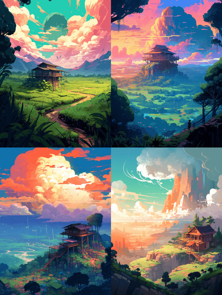 前景是郁郁葱葱的丛林，背景是平原和台地， - Midjourney Prompt