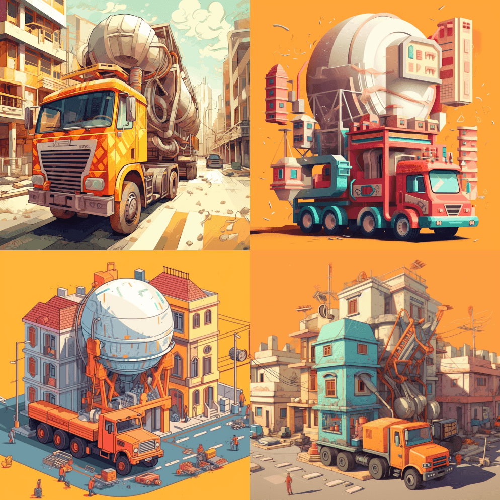 一辆建筑搅拌车横穿马路，以动画gif的风 - Midjourney Prompt