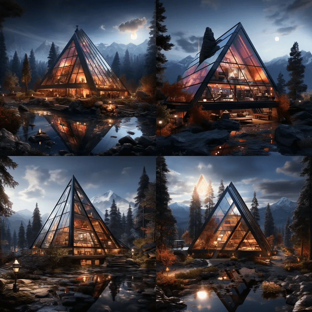 一座闪闪发光的霓虹灯三角形未来派山间房屋 - Midjourney Prompt
