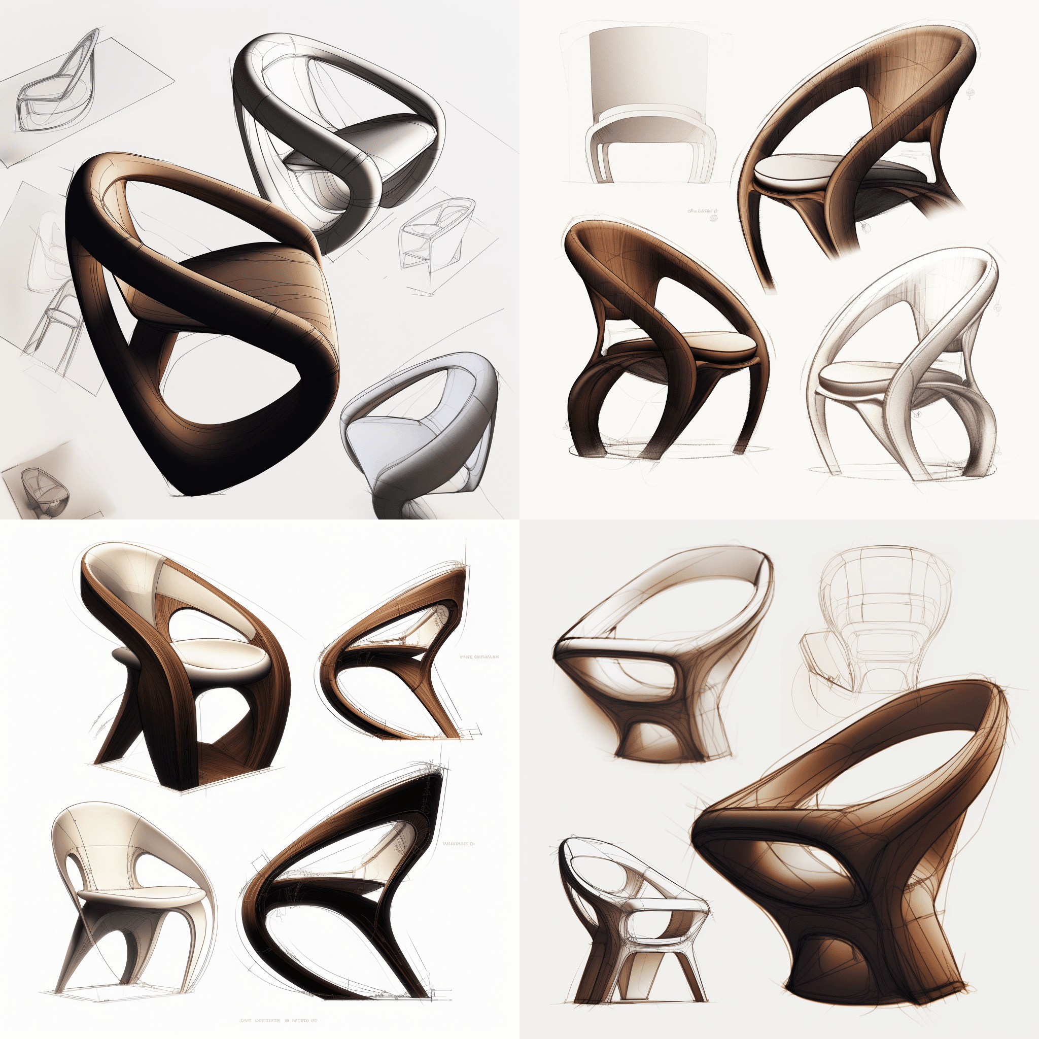 椅子的工业设计草图，复杂的细节，前视、侧 - Midjourney Prompt