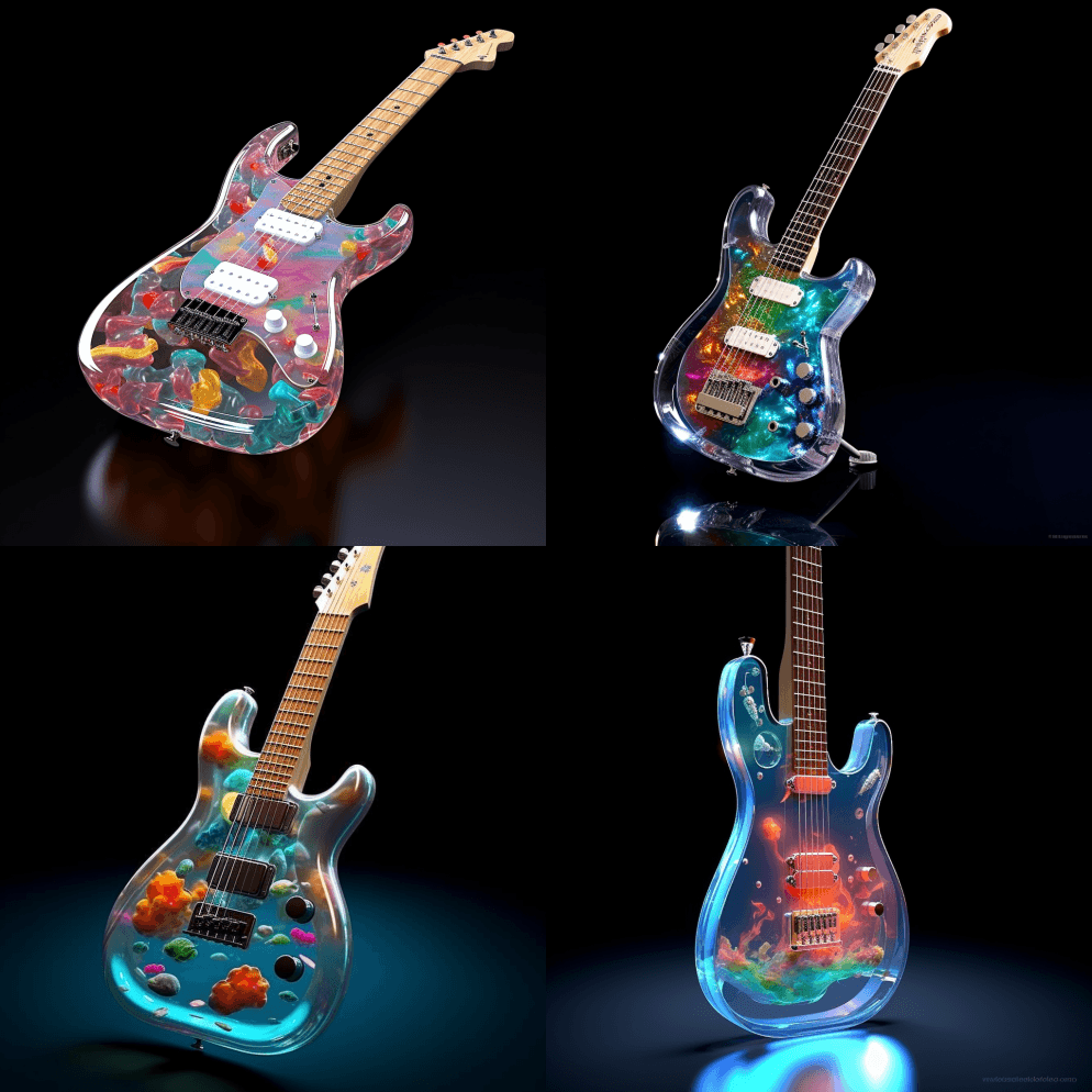 一把原型电吉他，透明如玻璃，吉他内部充满 - Midjourney Prompt