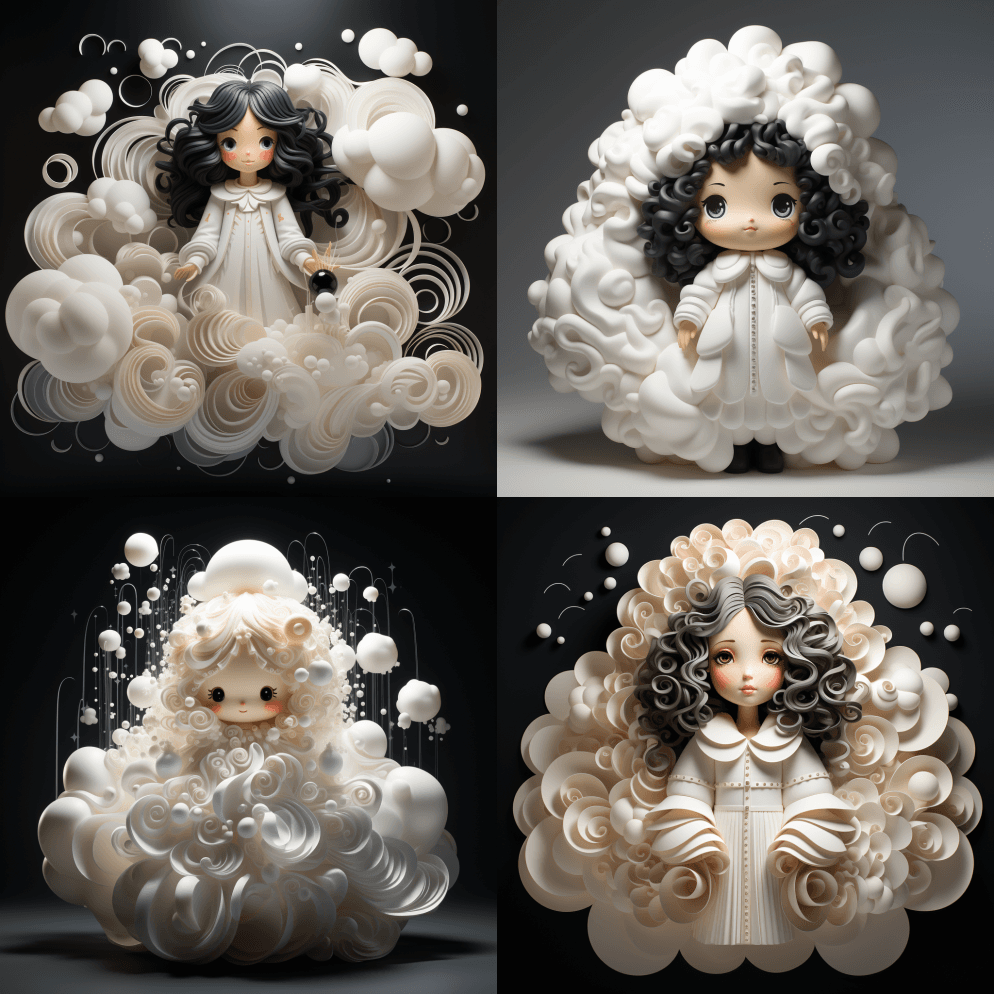 一个顽皮的孩子的形象，用云彩，白玉和银色 - Midjourney Prompt