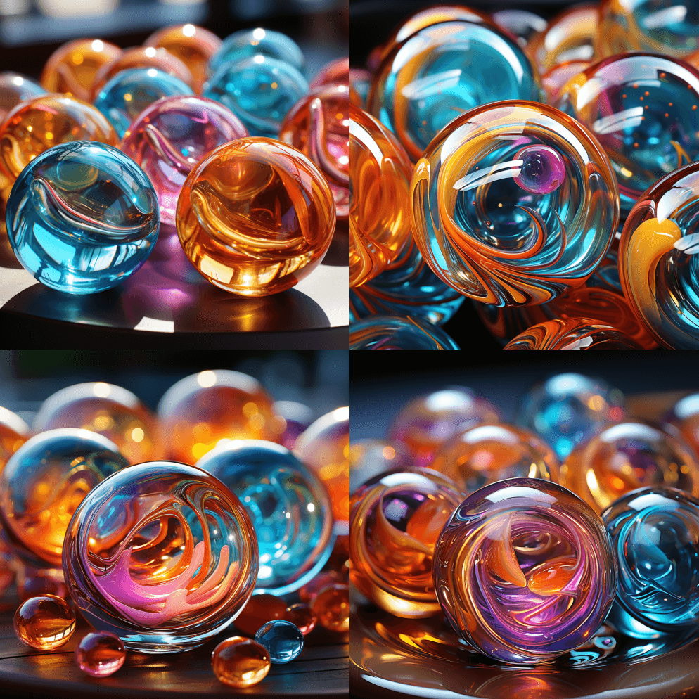 闪亮的彩色粉色玻璃弹珠，图案迷人，照片， - Midjourney Prompt