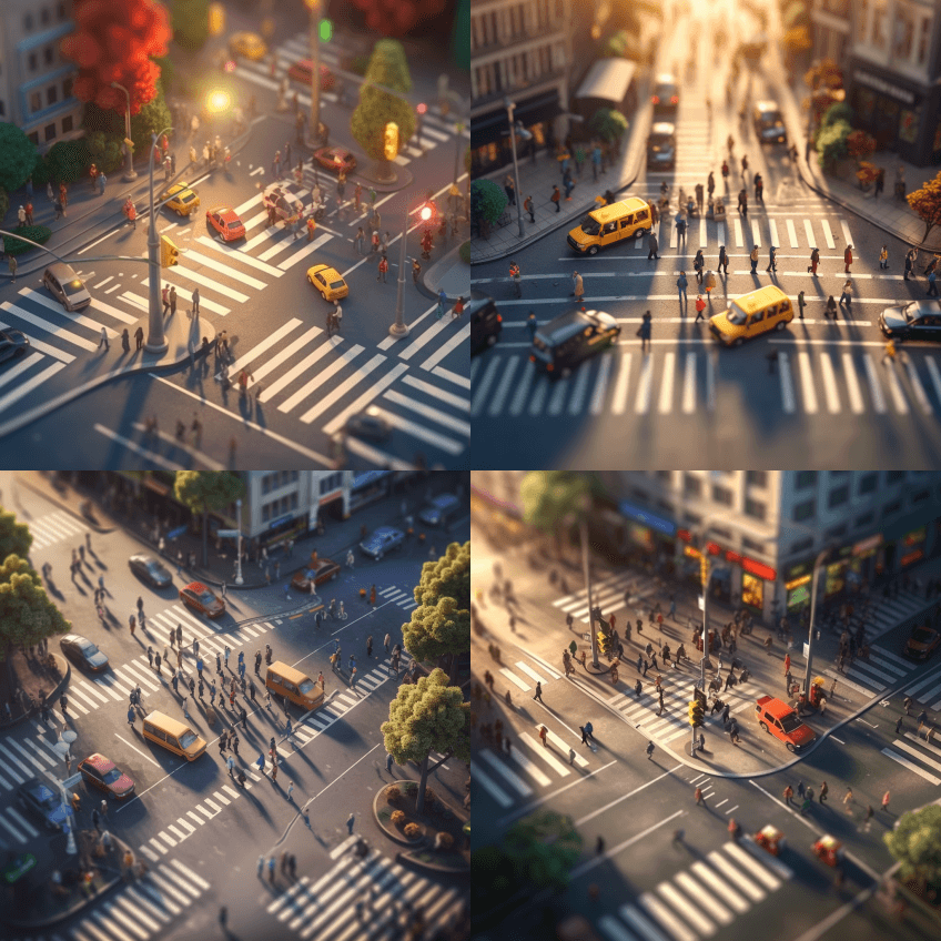 人们正在穿过城市十字路口的红绿灯，倾斜， - Midjourney Prompt