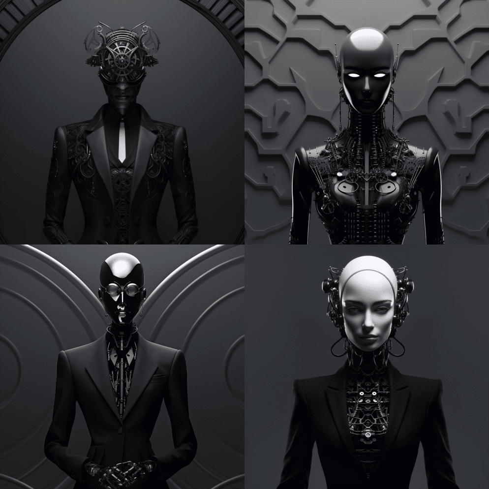 一名机器人男子摆姿势拍照，穿着娜塔莉·肖 - Midjourney Prompt