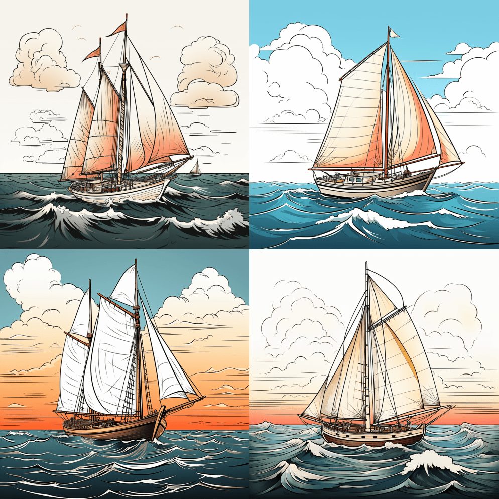 儿童彩色涂色页面，一个简单的小帆船，卡通 - Midjourney Prompt