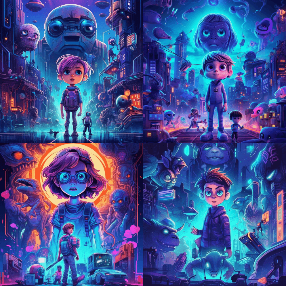 制作一张儿童海报，以蓝紫色色调的皮克斯风 - Midjourney Prompt