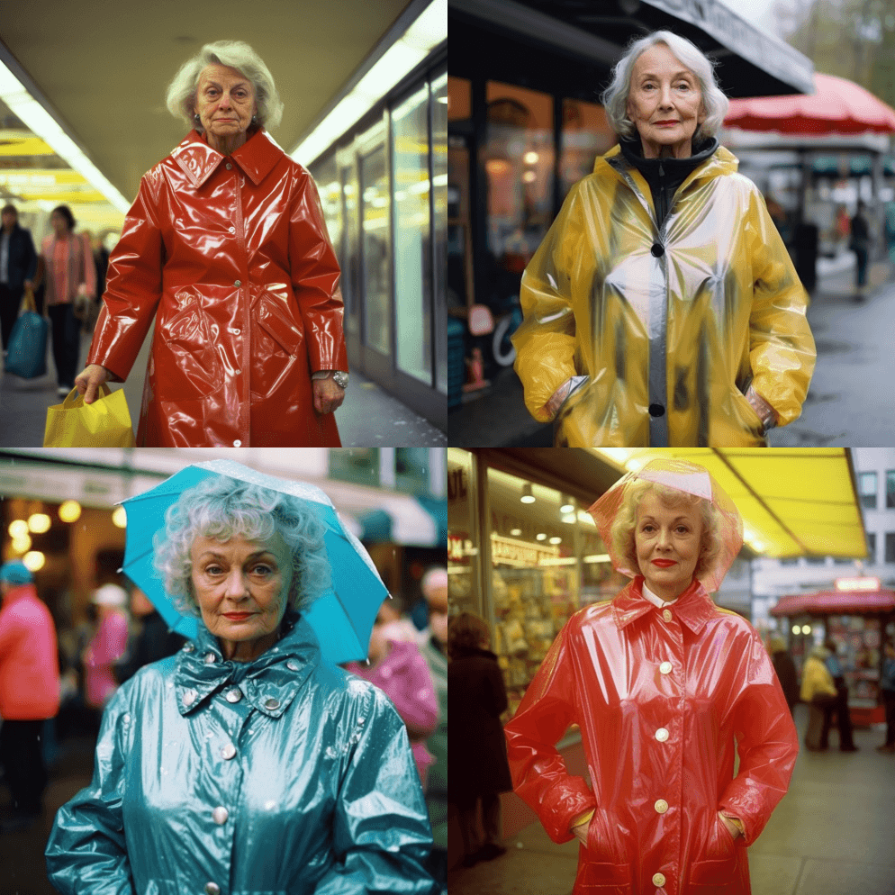 一个穿着聚氯乙烯雨衣和其他东西的迷人的老 - Midjourney Prompt