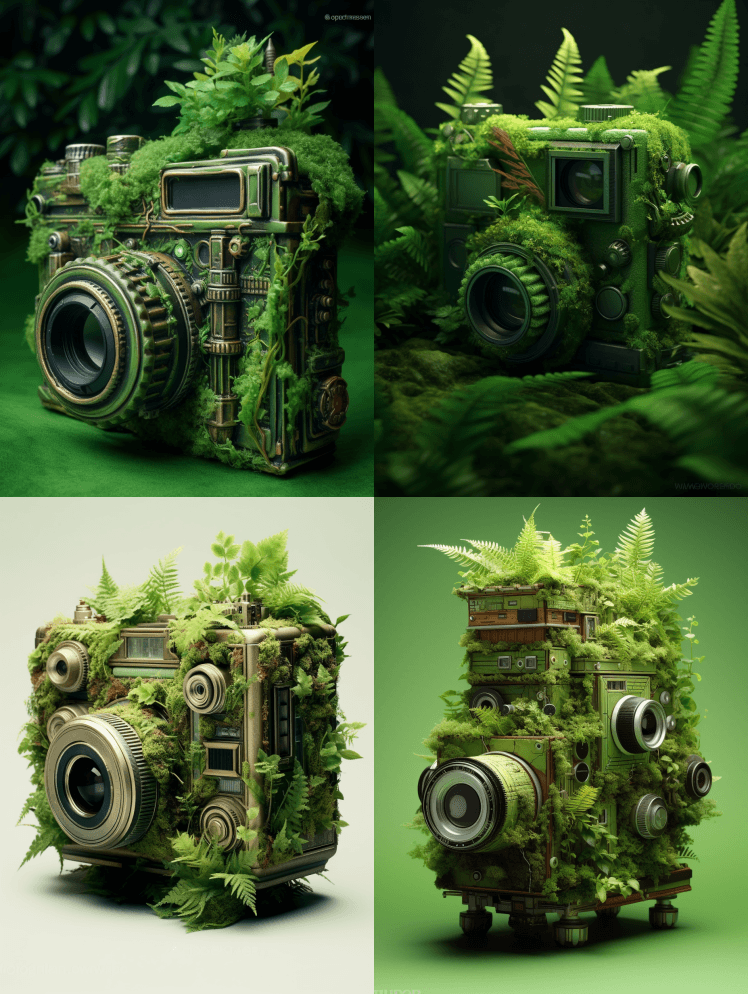 表面像植物一样的绿色相机，具有赛伯斯蒂蒸 - Midjourney Prompt