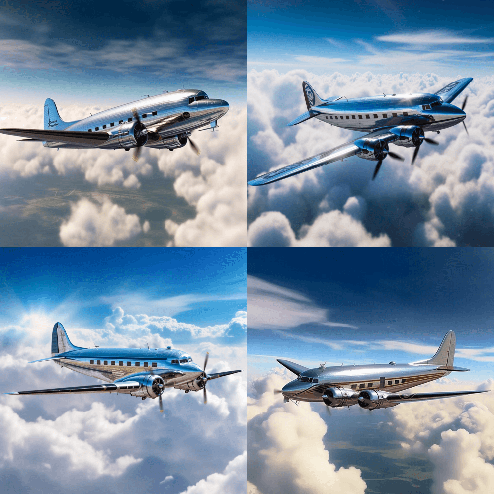 拥有闪亮机身的4K DC3飞机，在蓝天的 - Midjourney Prompt