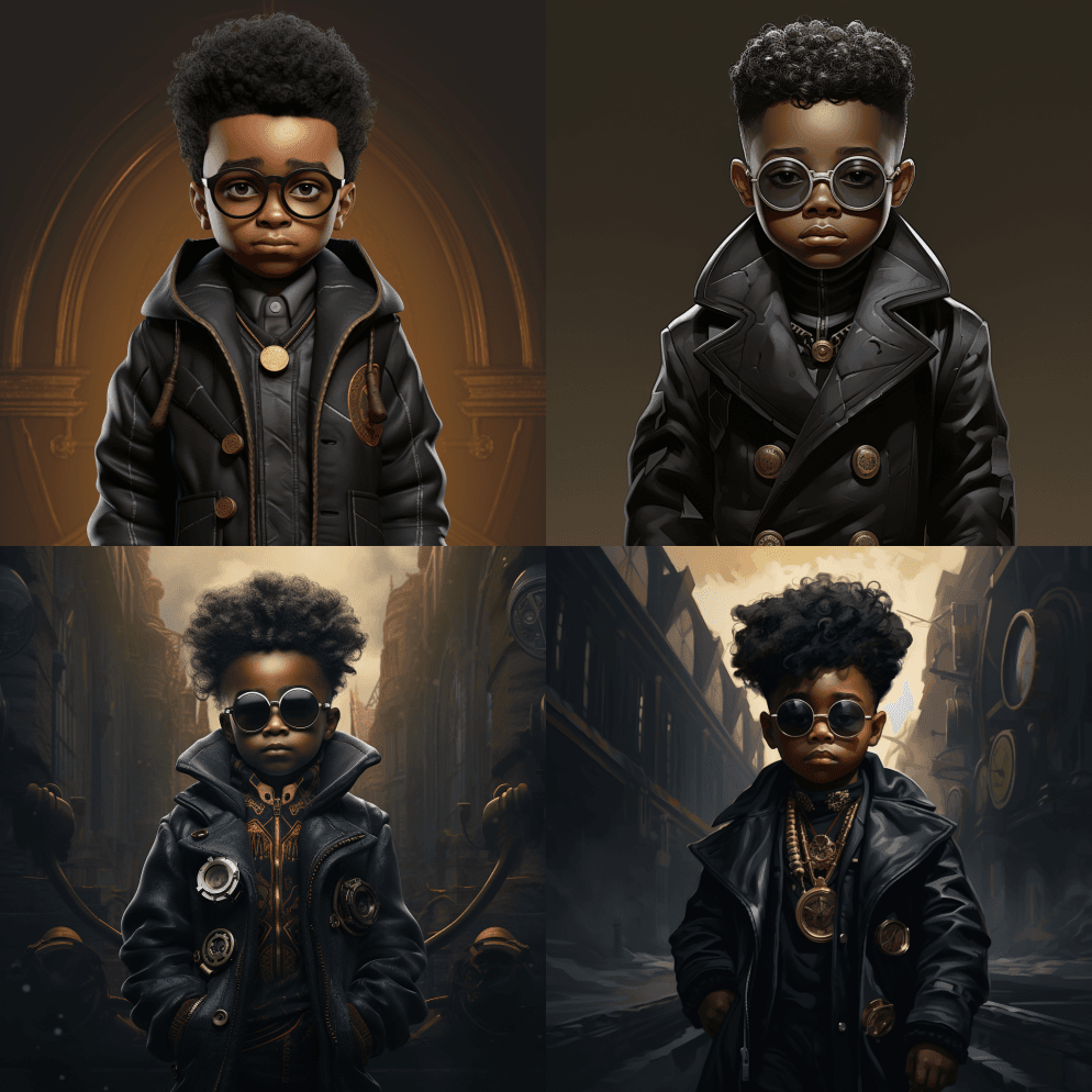 一个戴着眼镜,穿着黑色外套的黑人孩子,以 - Midjourney Prompt
