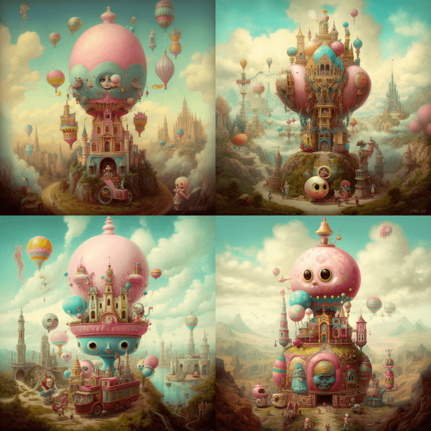 迷幻色彩的迷幻城堡、蒸汽火车、热气球、迷 - Midjourney Prompt