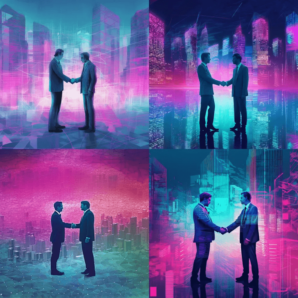 两位商人在一座城市前握手，深蓝和淡洋红的 - Midjourney Prompt