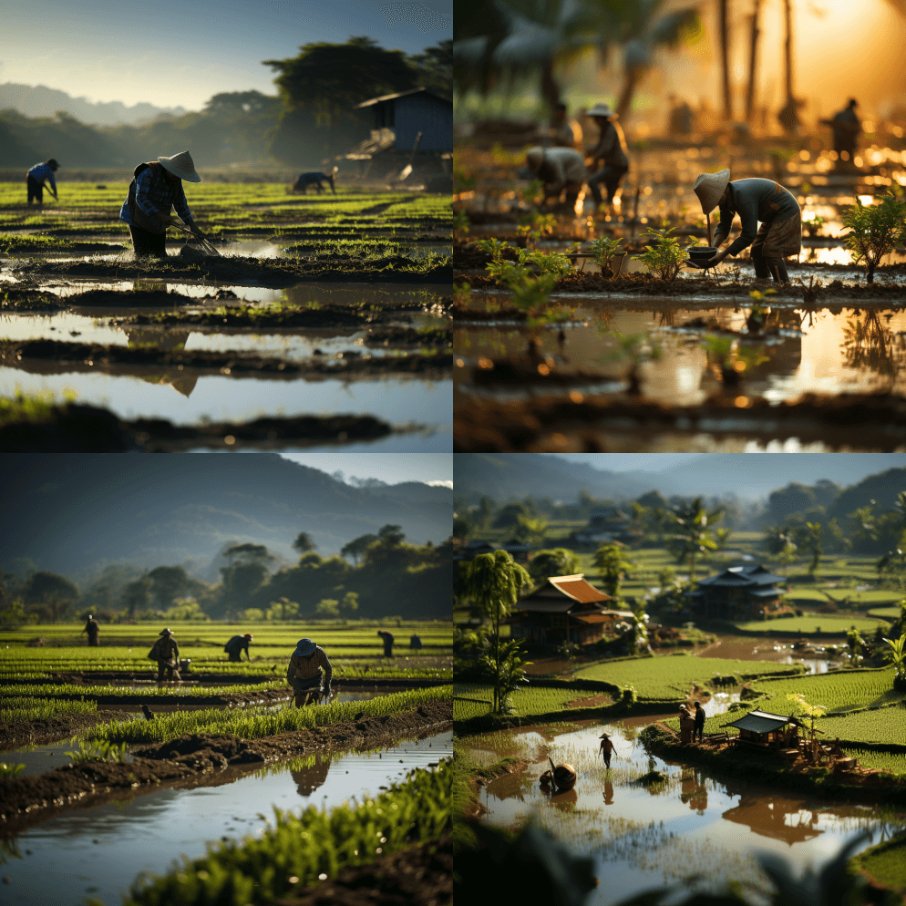 泰国当地农民在北部国家的稻田里种植稻田 - Midjourney Prompt
