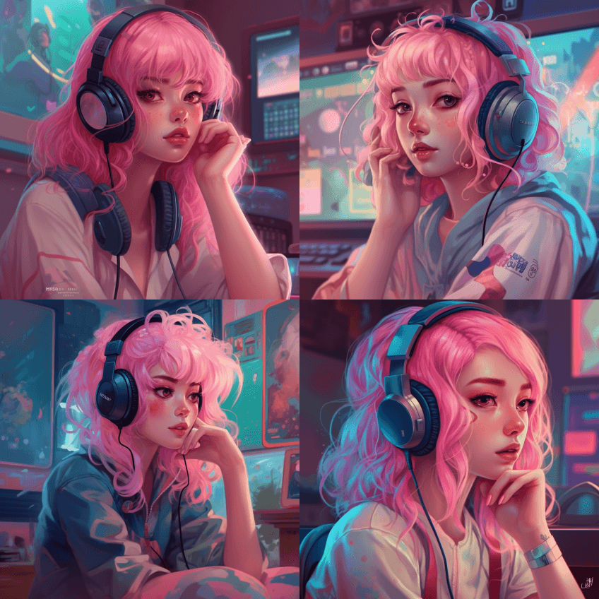 一个女孩戴着耳机坐在电视机前，赛博朋克艺 - Midjourney Prompt