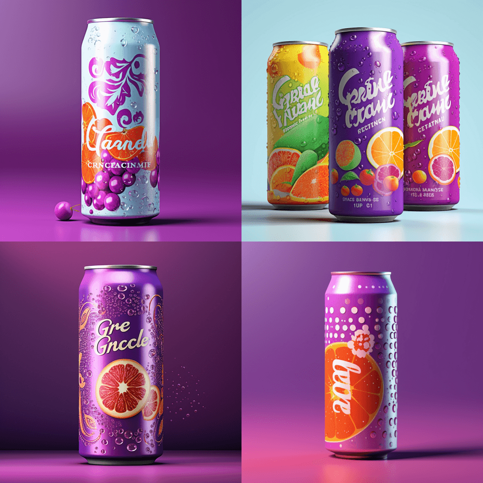 设计一款葡萄汽水罐包装瓶具有葡萄图案时尚 - Midjourney Prompt